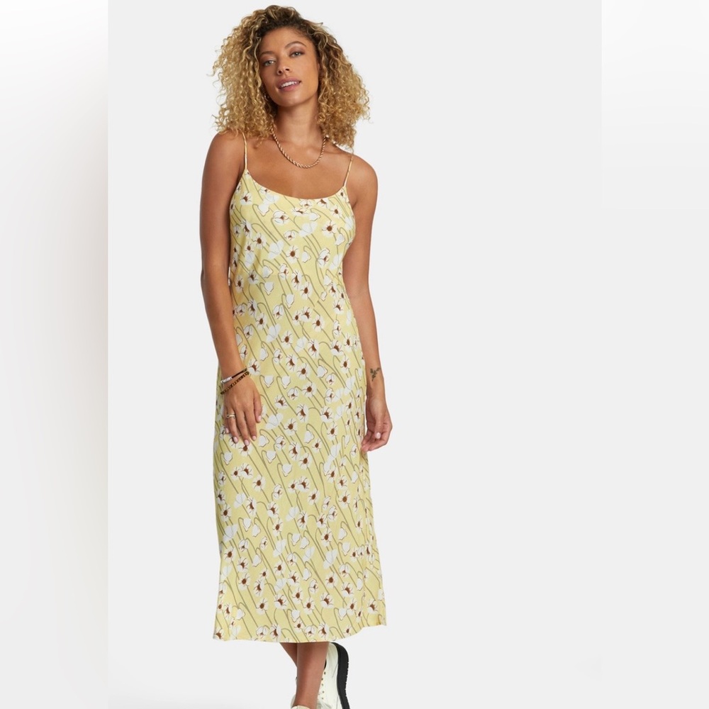 RVCA Yellow Floral Slip Dress with White Blooms Beach Summer